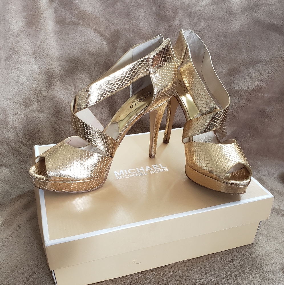 Michael kors gold strappy platforms heels